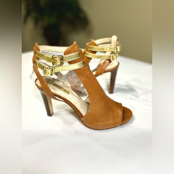 Louise et Cie Cut-Out Double Ankle Strap Heels Sandals 9M Brown Gold - Picture 1 of 15